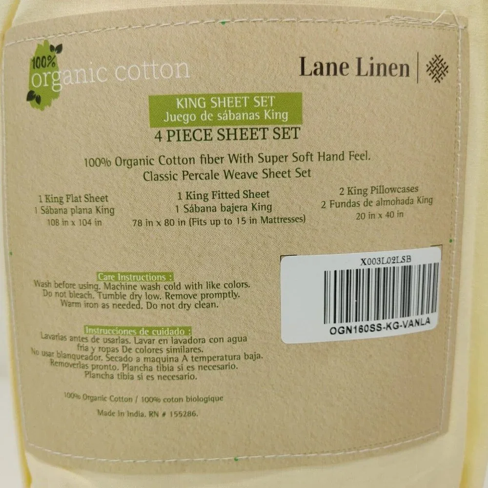 King Size 4 Piece 100% Organic Cotton Sheet Set Light Yellow Color